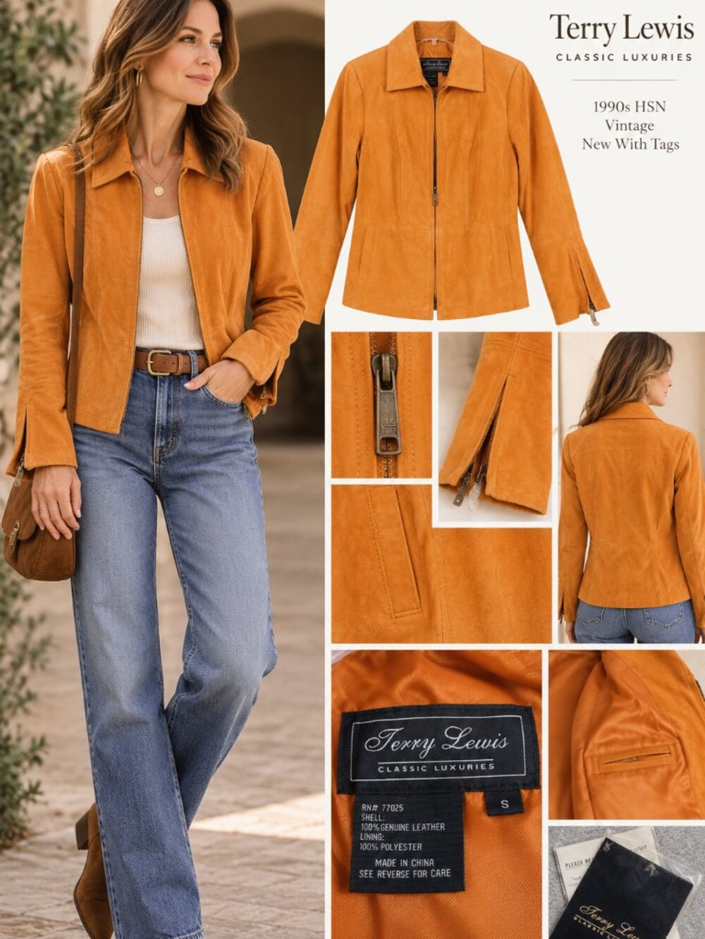 VTG Y2K Terry Lewis Suede Leather Jacket Small NWT Orange Gold Zip Flare Cuff